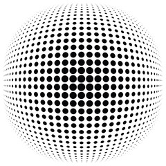 Poster - Half-tone dots, circles, dotted element. Sphere, orb or globe distortion speckles. Diffuse radial, radiating bloat, bulge warp. Polka-dot inflate design. Circular geometric pattern, abstract circles