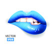 Sexy lips, bite one's lip, female lips with blue lipstick isolated on white background. Ice lips. 3D effect. Vector illustration. EPS10