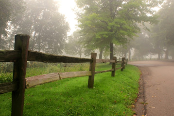 Wall Mural - early autumn foggy morning landscape. scenic view with deep fog over a golf course with wooden fence