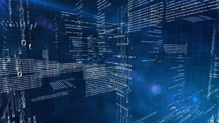 3d world of programming inside computer, machine symbols code fly around back