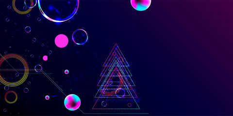 Wall Mural - Neon techno christmas tree science space abstraction background. Cosmos blue dark retro futuristic 3d