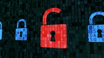 Digital padlocks secure except one red lock, hacker attack virus detected