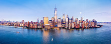 Drone Panorama Of Downtown New York Skyline Viewed From Above Hudson River