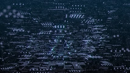 Fototapete - Futuristic 3D Footage Virtual Reality Hologram Rendering Network Communication Concept. 4K Motion Graphic Scifi Future Construction Technology Data Fly Through Background.