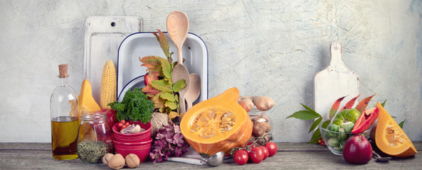 Canvas Print - Healthy vegetarian fall food cooking background.