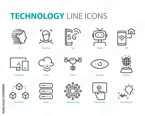 Fotomural set of technology icons, 5g, ai, gesture, robot, iot