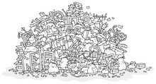 Big Heap Of Household Rubbish, Trash Bags And Broken Junk, Black And White Outline Vector Illustration