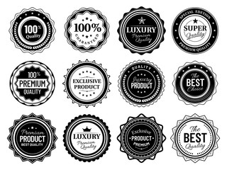 Wall Mural - Premium quality badges. Best choise emblem, vintage labels and retro stencil badge. Product quality warranty sale sticker, luxury approval stamp tag. Isolated vector symbols bundle