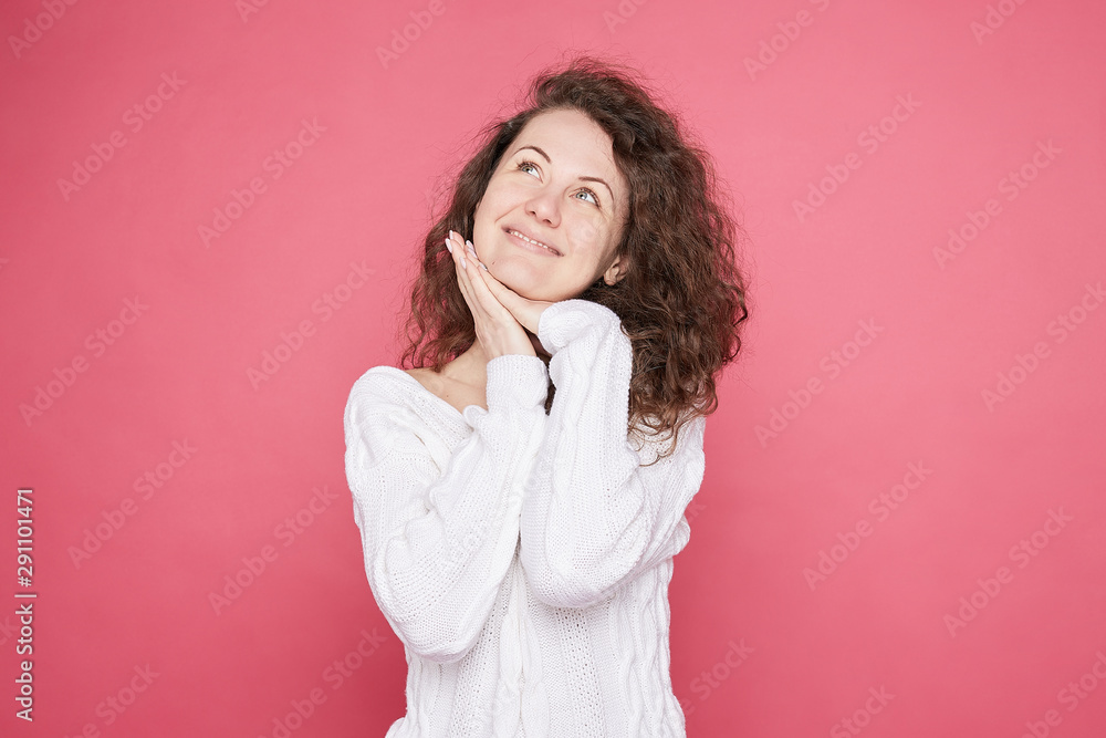 Dreamful pretty young stylish female has specific appealing appearance ...