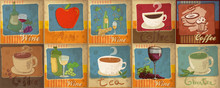 Set Of Hand Drawn Cafe Drinks Illustration For Retro Poster. Coffee, Tea, Beer, Wine.