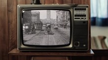 Happy Man Saying Hi To Camera In 1906 In San Francisco, 4 Days Before The Great Earthquake, As Seen On A Retro TV. Public Domain Footage.