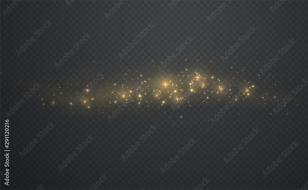 Golden shining sparks dust with stars on dark transparent background. Christmas light glowing particles. - obrazy, fototapety, plakaty 