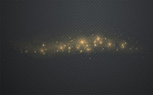 Golden Shining Sparks Dust With Stars On Dark Transparent Background. Christmas Light Glowing Particles.