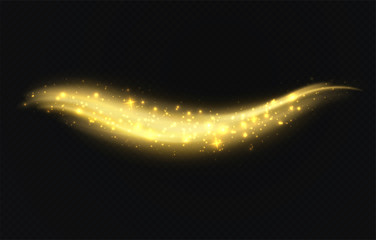 Wall Mural - golden dust wave with stars on dark transparent background. sparkling magic sparkling trail, christm