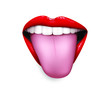 Female lips with red lipstick on a white background, shows tongue. Smile, funny, beautiful teeth. Vector