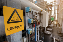 Dangerous Corrosive Warning Signs And Symbol Applying Where Chemical Substance Storage Used On Construction Site   