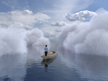 Woman Is Sailing In A Boat Through The Clouds