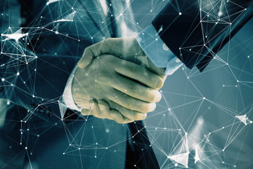 Double exposure of tech drawing on abstract background with two men handshake. Concept of technology in modern business