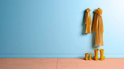 Rainy day, orange rubber boots and jacket with orange rubber rain jackets of a child and an adult hanging on the wall, soft background, 3d rendering, 3d illustration