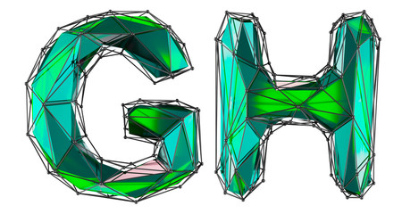 Realistic 3D letters set G, H made of low poly style. Collection symbols of low poly style green color glass isolated on white