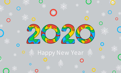 Wall Mural - happy new year 2020 greeting card with paper cut snowflakes, text design and christmas trees. color 
