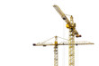 © Тарас Квакуш - Yellow construction crane on a white isolated background builds multi-storey residential buildings using modern technologies of metal, concrete and brick according to the architectural design