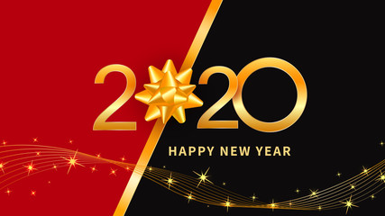Wall Mural - happy new year 2020 typographical creative background with golden ribbon bow and gold glitter sparkl