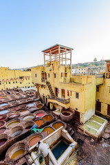 Poster - Sightseeing of Morocco. Tanneries of Fez. Dye reservoirs and vats in traditional tannery of city of Fez, Morocco