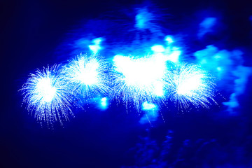 Blue colorful holiday fireworks on black sky background