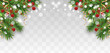 Christmas and Happy New Year border with Christmas tree branches and holly berries, golden ribbons and stars isolated on transparent background. Vector