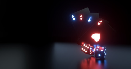 Four Aces And Dices With Futuristic Glowing Neon Lights Isolated On The Black Background - 3D Illustration