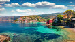 Spectacular morning cityscape of Asos village on the west coast of the island of Cephalonia, Greece, Europe. Splendid spring sescape of Ionian Sea. Traveling concept background.