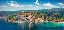 Fantastic Morning Cityscape Of Asos Village On The West Coast Of The Island Of Cephalonia, Greece, Europe. Wonderful Spring Sescape Of Ionian Sea. Traveling Concept Background.