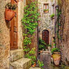 Fototapete - Alley in old town, Pitigliano, Tuscany, Italy