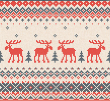 Scandinavian Or Russian Flat Style Knitted Pattern With Deers And Christmas Tree