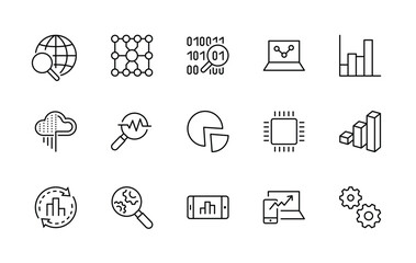 Set of Data Analysis Related Technology Vector Line Icons. Contains such Icons as Charts, Search, Graphs, Traffic Analysis, Big Data and more. Editable Stroke. 32x32 Pixel Perfect