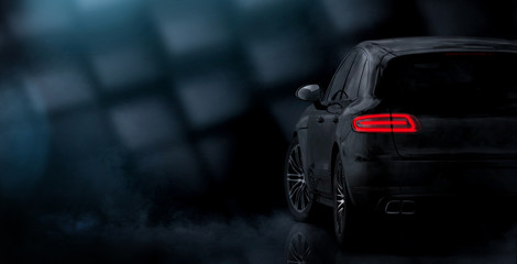 back of the modern black sports suv on dark background with smoke (3d illustration)