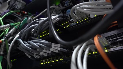 Wall Mural - working ethernet switch in data center room. blink led lights