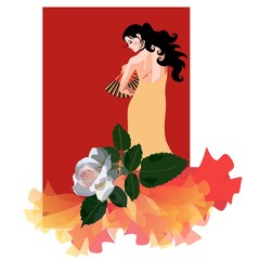 Wall Mural - Young flamenco dancer with a fan in her hand, dressed in a golden dress with a lush hem, decorated with a beautiful white rose. Bride. Vertical invitation card, poster.