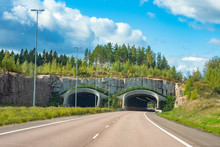 Finland. Helsinki. Expressway In Finland. Bridge For Wild Animals. Arch In The Rock. Highway In The Country. Road Trips To Helsinki. Summer Day In Finland. Traveling In Northern Europe