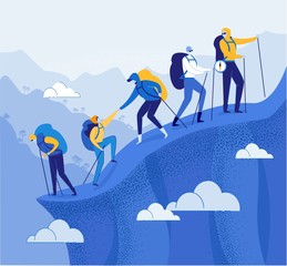 climbers group helping each other in mountains.