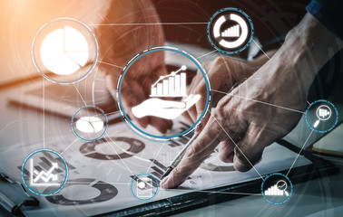 Data Analysis for Business and Finance Concept. Graphic interface showing future computer technology of profit analytic, online marketing research and information report for digital business strategy.