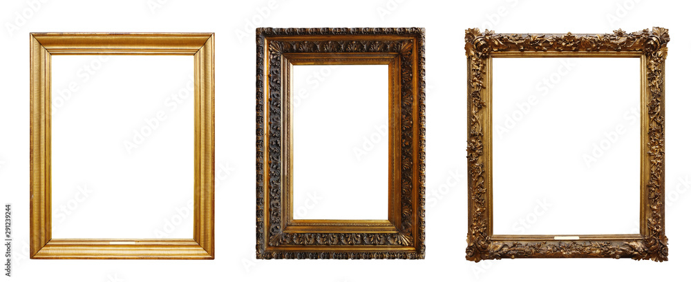 Set of three vintage golden baroque wooden frames on isolated background - obrazy, fototapety, plakaty 