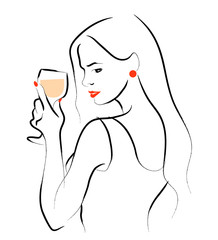 Vector hand drawn portrait of young beautiful lady holding wine glass isolated on white background. Hand drawn sketch minimal style. Concept for ladies night party, bar, happy cocktail hour.