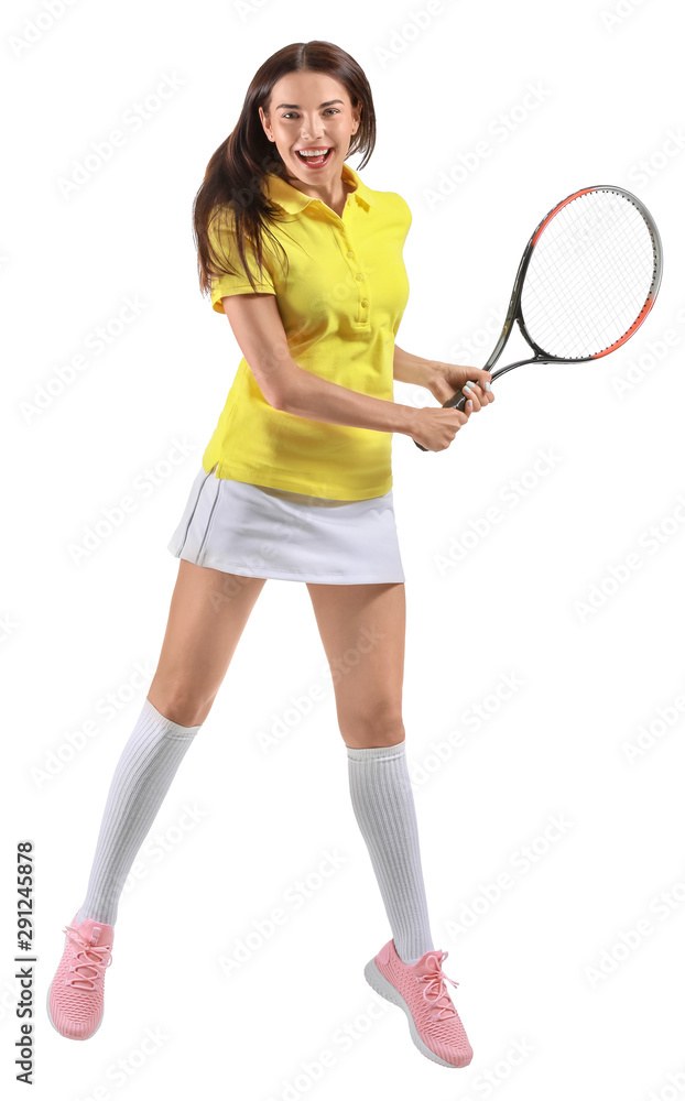 Beautiful tennis player on white background