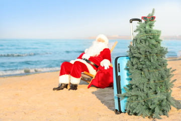 Wall Mural - Santa Claus with luggage and fir tree resting at sea resort