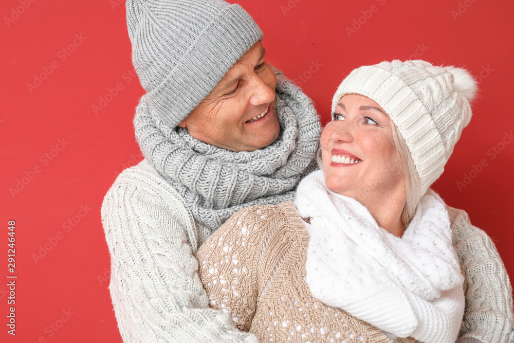 Portrait of happy mature couple on color background