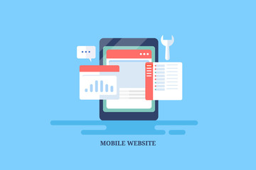 Mobile friendly responsive website, mobile seo, software, development, interface, user experience, app concept. Flat design vector banner with icons.