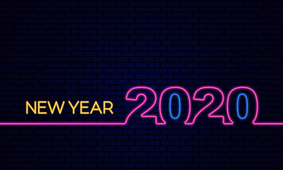 Wall Mural - Happy New Year 2020 poster celebration with glowing neon light effect on dark blue brick background vector illustration