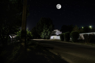 Wall Mural - full moon over quite village at night. beautiful night landscape of old town street with lights. rus